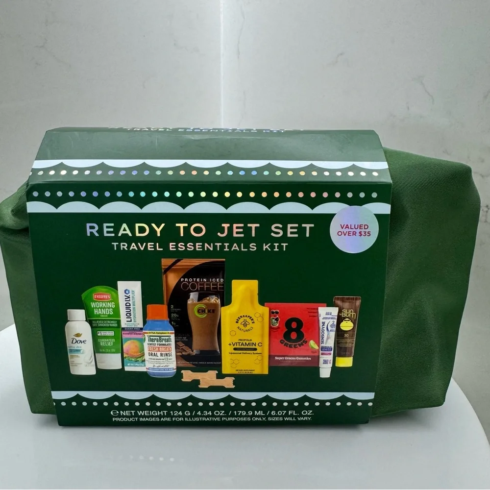 New! Ready To Jet Set Travel Essentials Kit Green Carry Case- Set